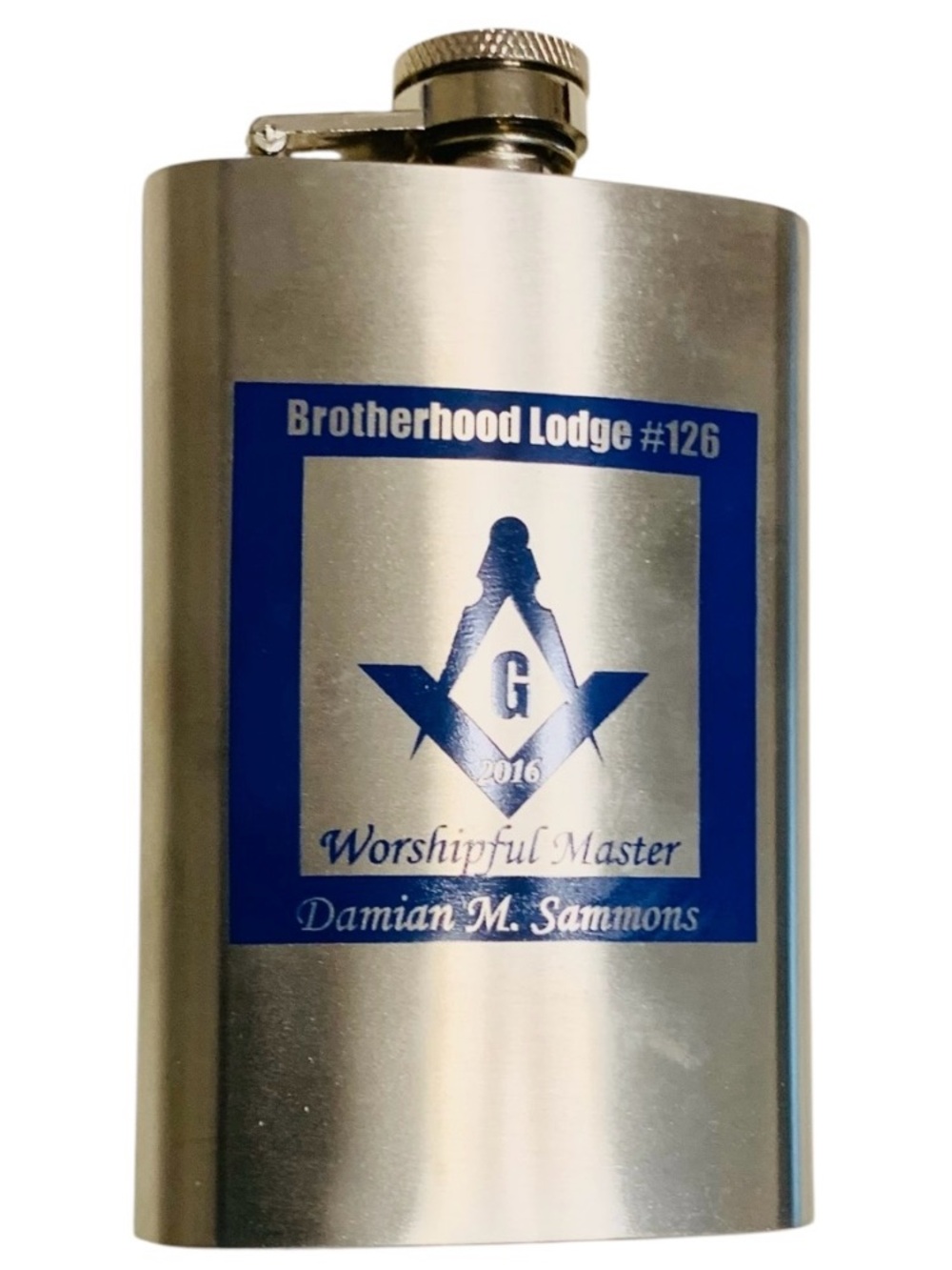 Masonic Freemason Flask Ruler & Compass 2016 Personalized 4oz Stainless Steel - Picture 5 of 10
